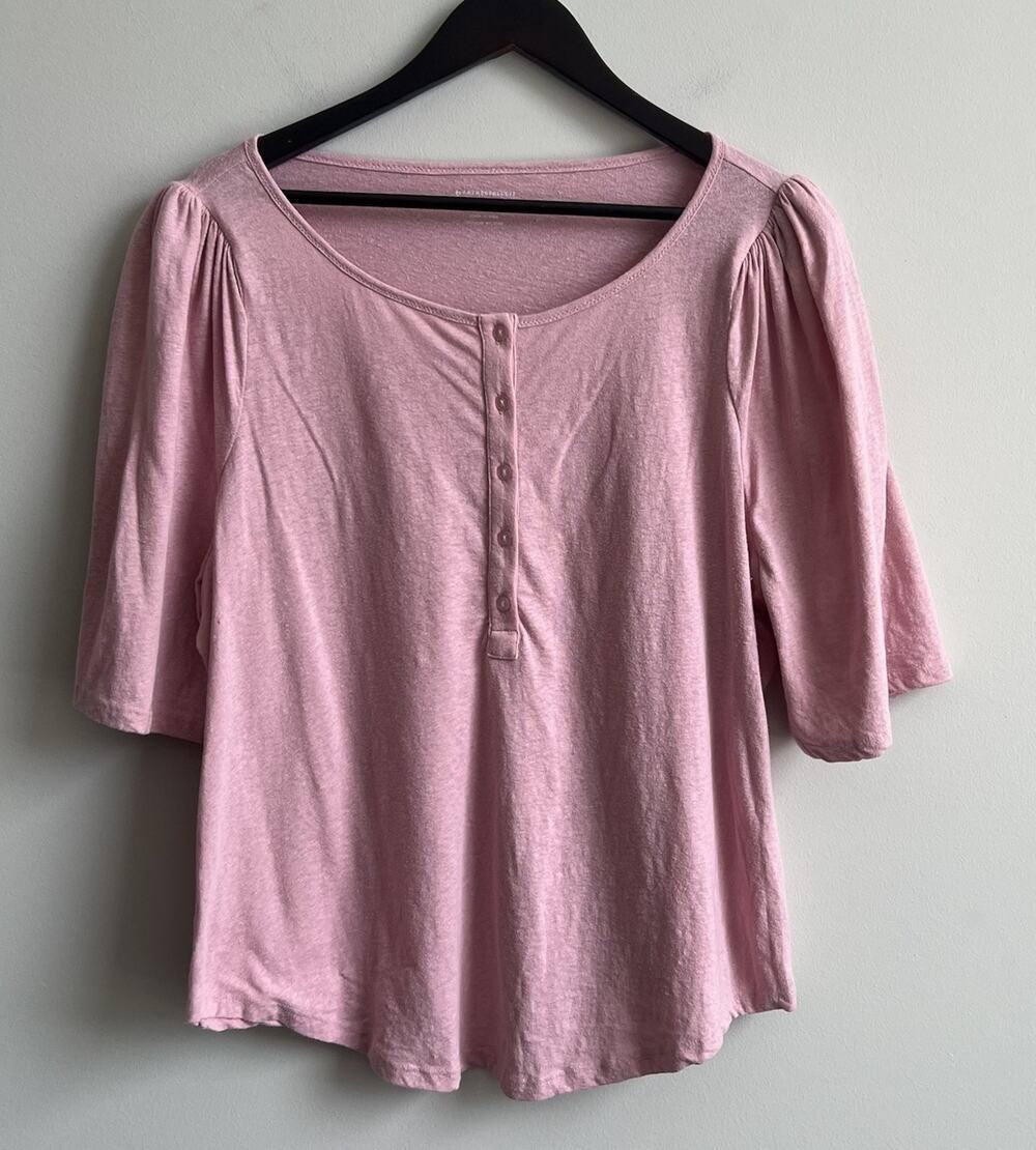 Anthropologie Top Plus 1X Pink Solid Cotton Knit Scoop Neck Henley Puff